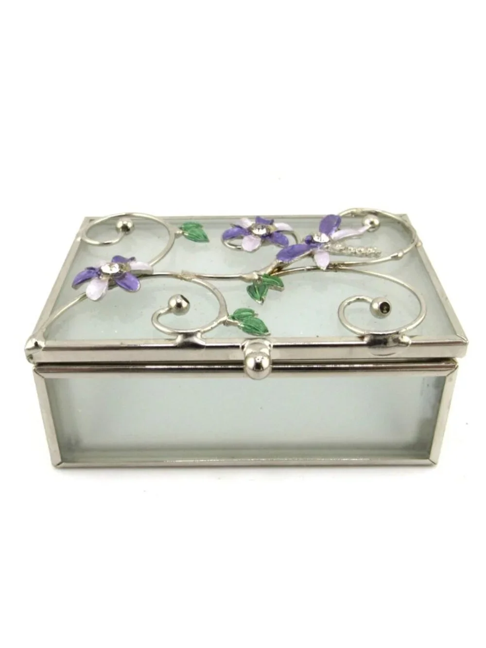 VINTAGE DRAGONFLY/FLORAL FROSTED GLASS METAL TRIM VANITY TRINKET JEWELRY BOX